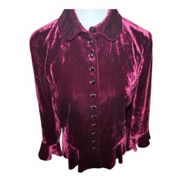 Lauren Ralph Lauren Burgundy Silk Velvet Blouse Sz 10 Button Front Holiday Party - Picture 9 of 11